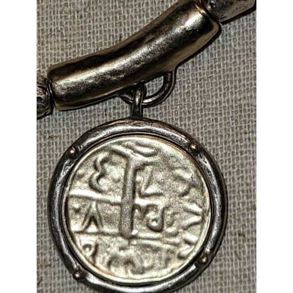 Chico's Gold & Silver Tone Faux Ancient Coin Charm Beaded Stretch Bracelet - Picture 4 of 5